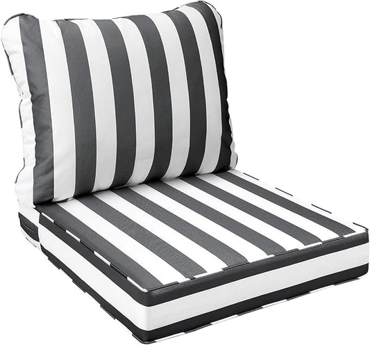 AAAAAcessories Outdoor Seat Cushions for Chairs, Fade-Resistant, Waterproof Patio Furniture Replacement Cushions, 22" x 24" x 5" + 22" x 19", Gray Cabana Stripe