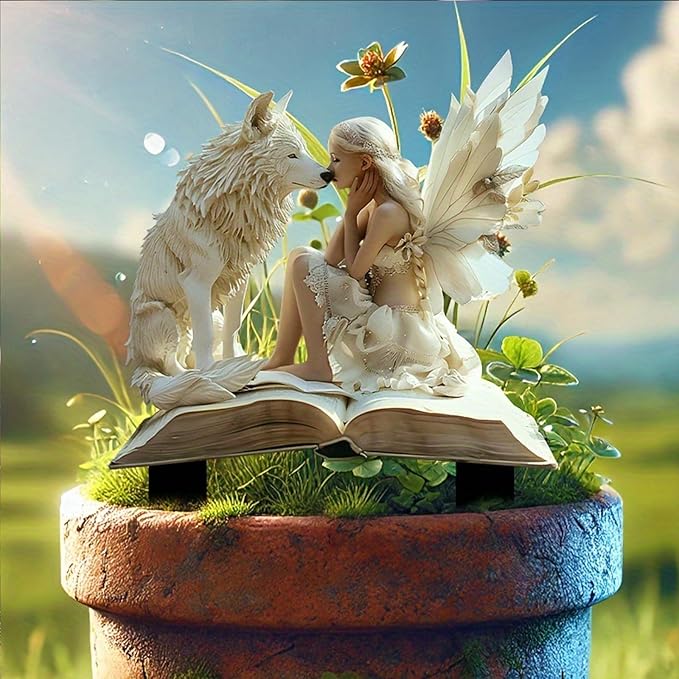Bohemian Fairy Flower Pot Decor, Fairy Garden Accessories for Home or Garden (Wolf Elf)