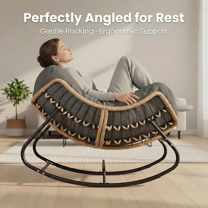 SWITTE Outdoor Rocking Chair, Oversized Patio Papasan Rocker, Comfy Wicker Reading Lounge, Indoor Egg Chair for Bedroom, Living Room, Porch, Garden, Lawn-Dark Grey