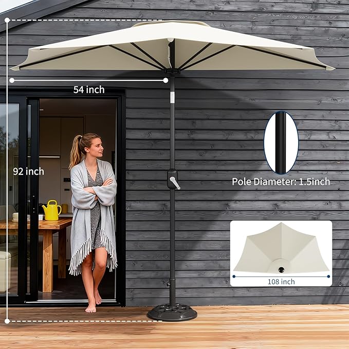 Garvee Patio Umbrella 9FT - Half Umbrella Outdoor with Smooth Crank Lift, Outdoor Shade Canopy for Patio, Backyard, Garden, Deck, Balcony -Beige