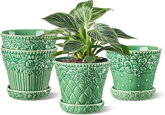 Ceramic Plant Pots, 5.8 Inch Flower Pots for Indoor Plants, Planters with Drainage Hole & Saucer, Green Planters for Succulent, Orchid, Cactus, Home Decor, Set of 4, Green