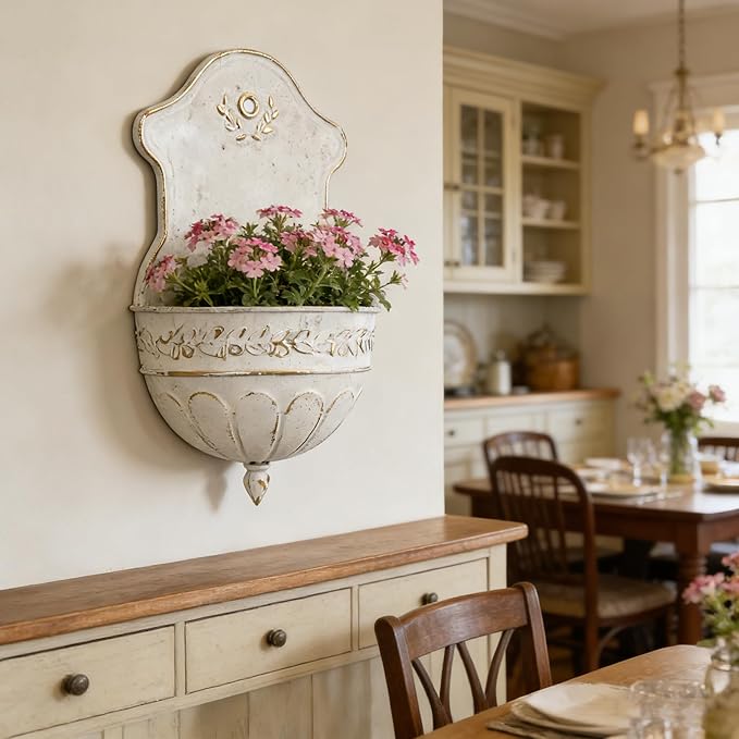 Vintage Distressed White Metal Wall Planter, Rustic Hanging Pocket Planter with Scrollwork & Scalloped Design, Farmhouse Wall Decor for Indoor & Covered Outdoor Garden, Porch & Entryway
