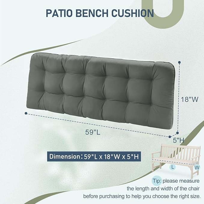 downluxe Outdoor Bench Cushion for Patio Furniture, Waterproof Tufted Overstuffed Porch Swing Cushions, Thick Outdoor Loveseat Cushions, 59" x 18" x 5", Dark Grey, Set of 1