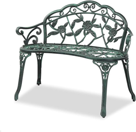 VINGLI 38.5" Patio Park Garden Outdoor Metal Rose Bench, 2-Person Cast Iron Cast Aluminium Frame Antique Finish Chair,Accented Lawn Front Porch Path Yard Decor Deck Furniture (Green, Rose)