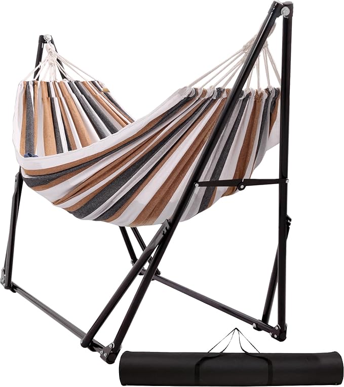 Hammock with Foldable Steel Stand,Frabic Tension Adjustable,Carrying Bag Included, 616 lbs Weight Capacity, Portable Suitable for Outside Garden Yard Outdoor Inhouse Yellow