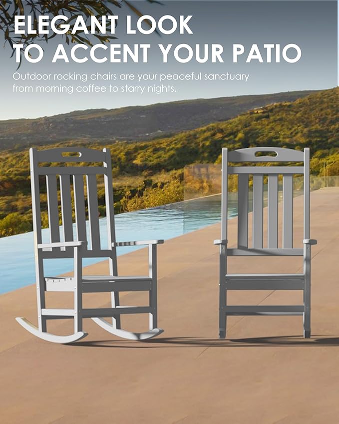 Outdoor Rocking Chair Set of 4, All-Weather Resistant Poly Lumber Rocker Chair Outdoor, High Back Plastic Patio Rocking Chairs for Outside Porch Rocker Garden Lawn, Slate Grey