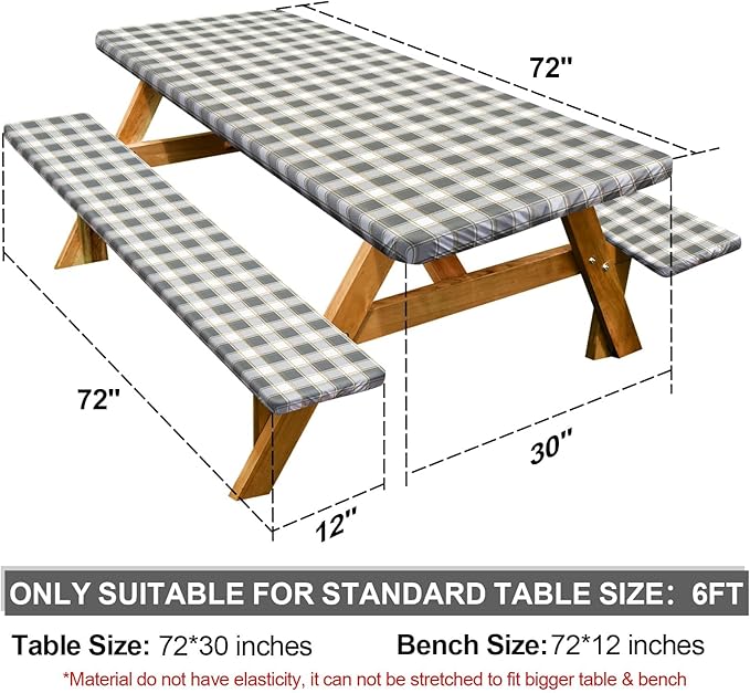 Picnic Table Cover with Bench Covers Camping Essentials Waterproof Windproof Camping Tablecloth with Drawstring Bag, Fitted Rectangle Tables and Seats, 72in, Gray White
