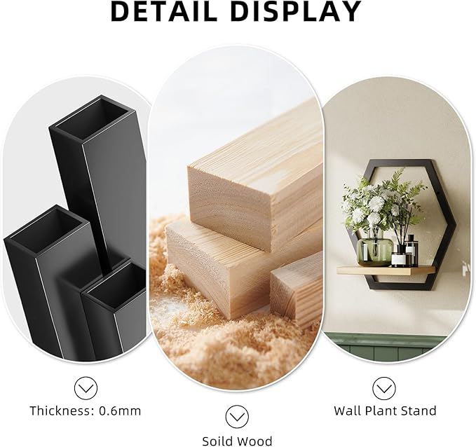 3 Pack Solid Wood & Heavy Duty Metal Wall Plant Stands,9 inch Natural Wood Shelf, Boho Arch Hanging Planter for Indoor 25 LB Load for Plants, Flowers, Herbs Black