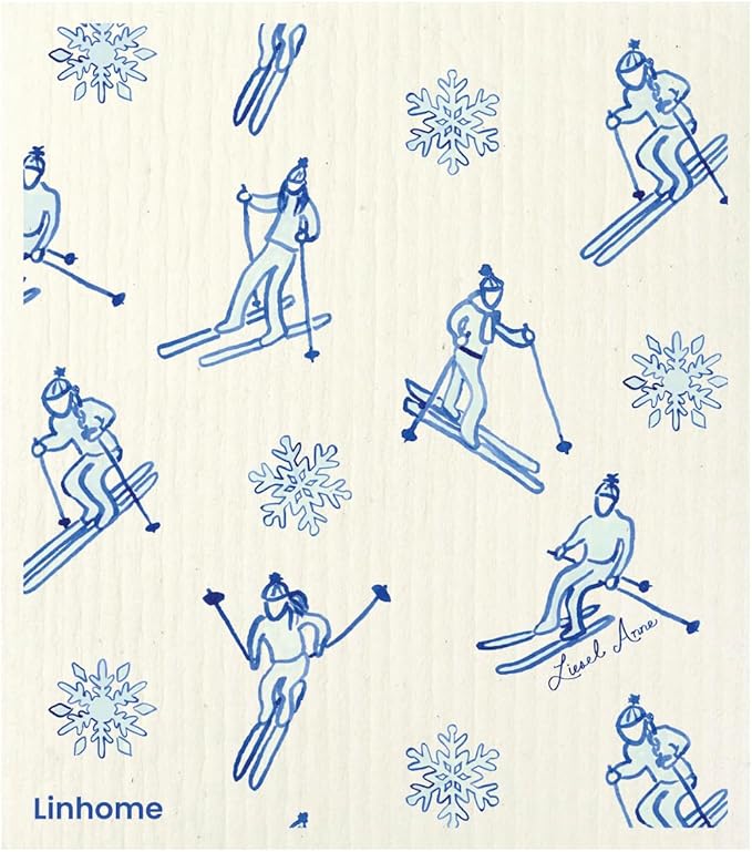 Christmas Holiday Ski Collection Swedish Dishcloth, Reusable Paper Towel, Super Absorbent Cellulose Sponge, Washable Kitchen Cleaning Cloth (Ski Day - 1 Pack)