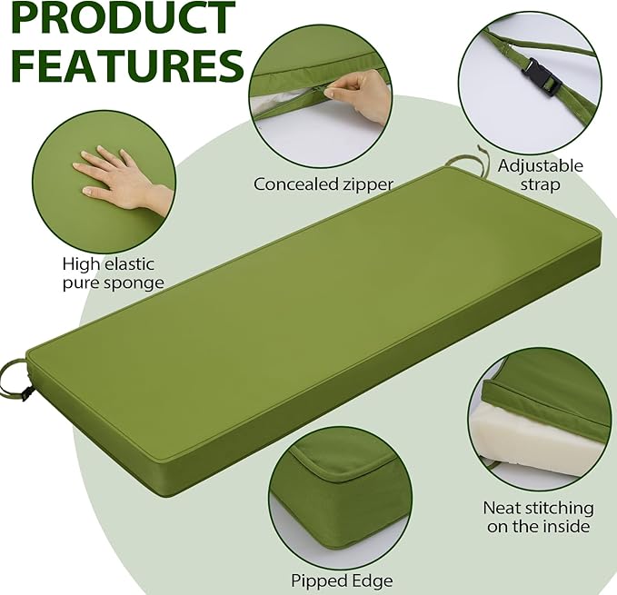 Outdoor Bench Cushion 42 x 18 x 3 Inch with Ties, Thick Waterproof Porch Swing Cushions for Patio Furniture Chair Pad, Seat Sofa Garden Replacement Cushion Sponge Filling