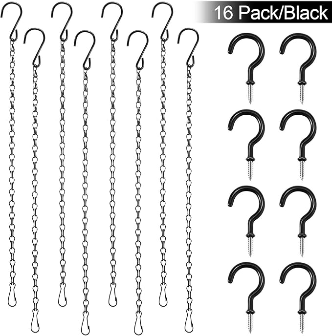 Hotop 8 Pcs Metal Hanging Chains with Ceiling Hooks, Garden Plant Hangers for Hanging Bird Feeders, Billboards, Chalkboards, Basket, Planters, Lanterns, Wind Chimes, Chain Hook DIY(16.38 Inch,Black)