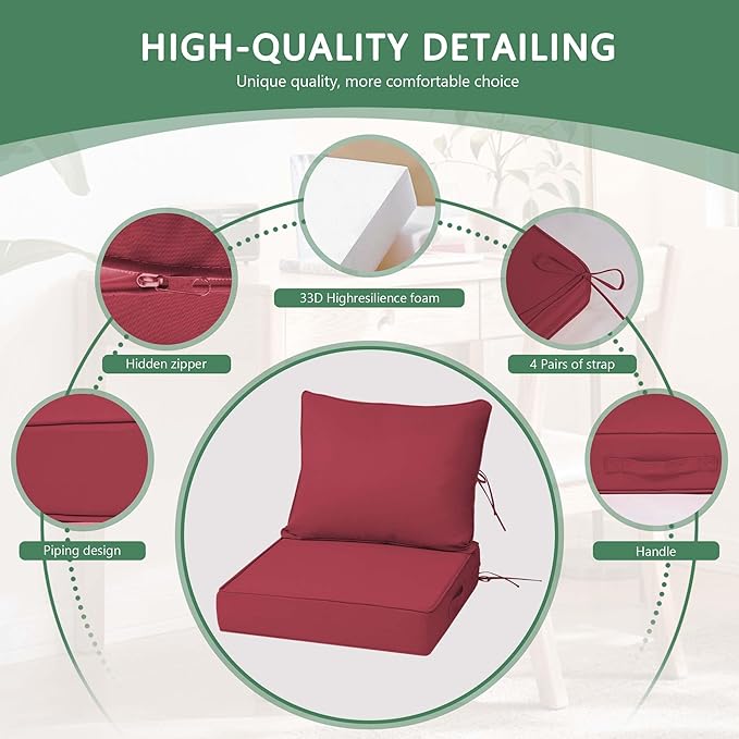 Outdoor Chair Cushions 4 Set, 22 x 22 x 4IN, Patio Deep Seat Cushion for Patio Furniture, Waterproof & Fade Resistant Thick Deep Seating Pads for Outside Wicker Ratten Chair Sofa Couch,Burgundy