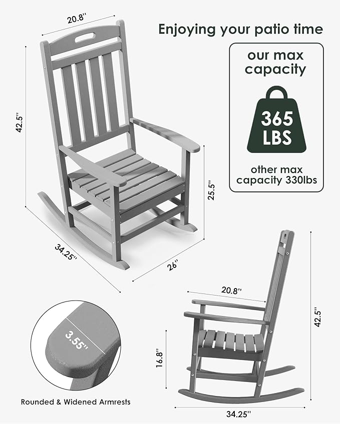 Outdoor Rocking Chair Set of 6, All-Weather Resistant Poly Lumber Rocker Chair Outdoor, High Back Plastic Patio Rocking Chairs for Outside Porch Rocker Garden Lawn, Slate Grey