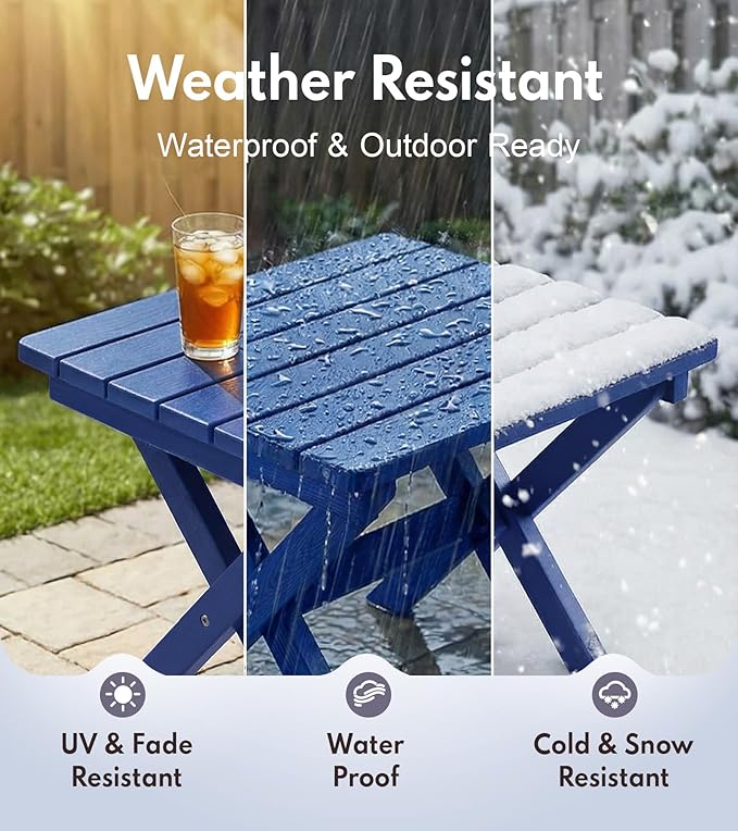 PASAMIC Folding Outdoor Side Table, HDPE Adirondack Patio End Table, Portable, No Assembly, Weather-Resistant for Camping, RV, Poolside, Garden, Indoor & Outdoor Use (Blue)
