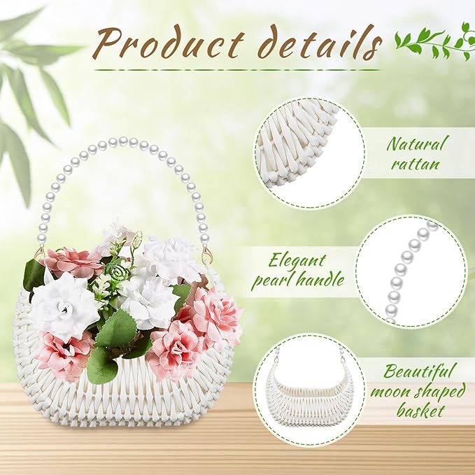 Taiyin 2 Pcs Rattan Flower Girl Basket with Pearl Handle Small Half Moon Wicker Basket for Wedding Flower Girl Picnic Garden Storage and Home Decor (White)