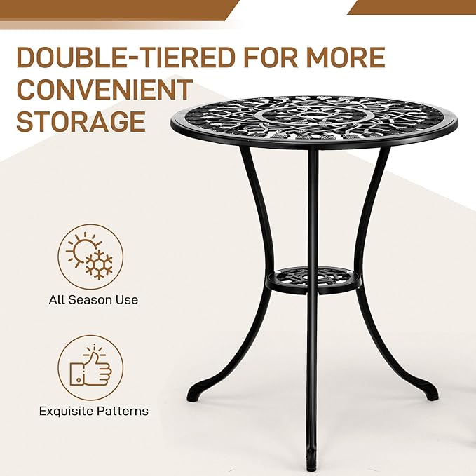 Outvita Patio Table and Chairs Set, Cast Aluminum Outdoor Cafe Table and Chairs Set of 3, Stability Patio Bistro Sets with Umbrella Hole for Garden, Patio, Balcony, Tulip Pattern Black