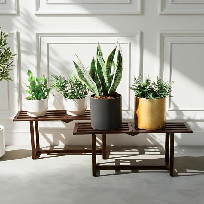 Modern Indoor Plant Stand for Living Room Corner, Foldable Metal Plant Display Shelf for Multiple Pots,Mid Century Slatted Bench for Patio, Garden Load Bearing 330 lbs 26" L x 10.4" H x 8.6" W 2 Pack Coffee