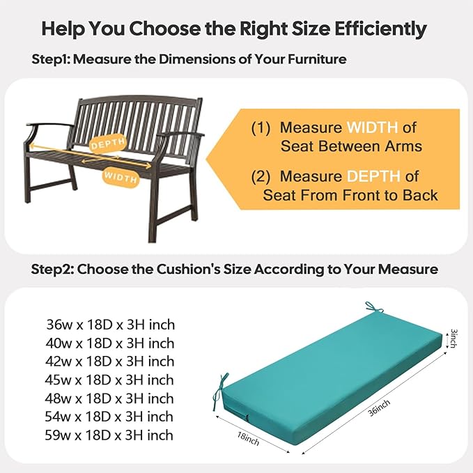 idee-home Outdoor Bench Cushion Waterproof, Bench Cushions for Outdoor Furniture, Patio Porch Swing Replacement Seat Pad with Ties for Garden Backyard, 36 x 18 Inch