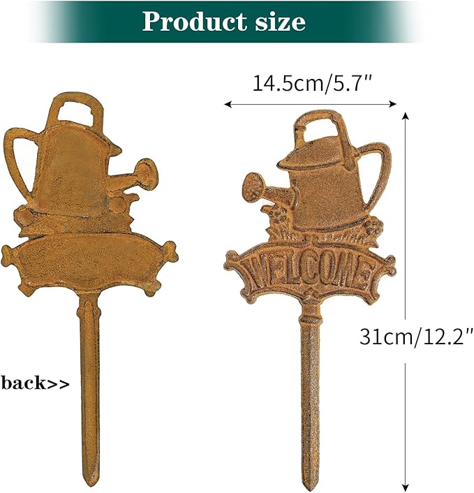 Sungmor Vintage Cast Iron Decorative Garden Stake, Rustic Welcome Yard Art Sign with Stake, 12.6" Tall Metal Watering Can Stake with Welcome Sign, Lawn Patio Backyard Outdoor Spring Decor