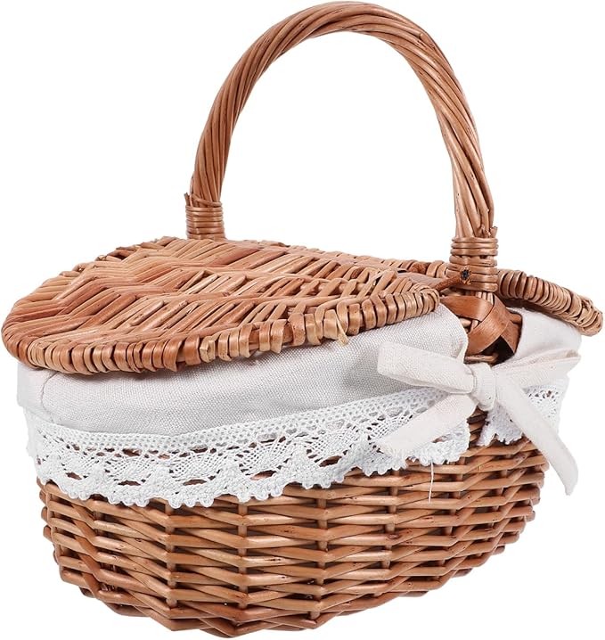 Large Wicker Picnic Basket with Lid and Handle, Sturdy Woven Picnic Basket with Liner, Fruit Bread Storage for Outdoor Camping, Easter Party, Garden Picking