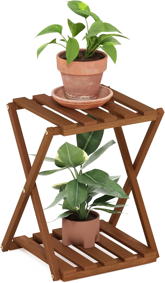 Furinno TIOMAN Patio Table, 2-Tier Outdoor Side Table, Toolless Multipurpose Folding Display Shelf, Plant Stand, for Patio, Garden, Porch, Natural
