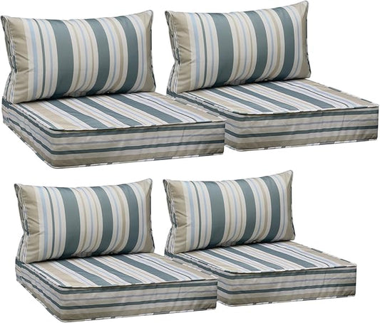 AAAAAcessories Outdoor Seat Cushions for Chairs, Fade-Resistant, Waterproof Patio Furniture Replacement Cushions, 25.5" x 25.5" x 5" + 25.5" x 13.5", Set of 4, Slate Gray Blue Coastal Stripe