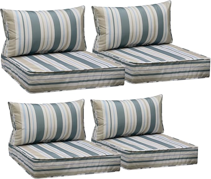 AAAAAcessories Outdoor Seat Cushions for Chairs, Fade-Resistant, Waterproof Patio Furniture Replacement Cushions, 24" x 24" x 5" + 24" x 13.5", Set of 4, Slate Gray Blue Coastal Stripe