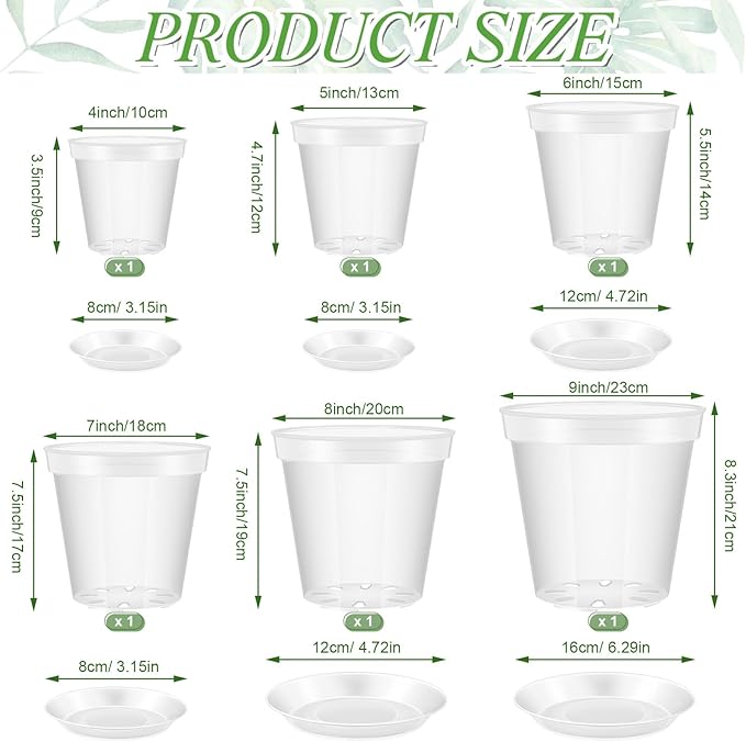 Vesici 6 Sets 4/5/6/7/8/9 Inch Clear Nursery Pots with Saucer Pack Variety Plastic Clear Plant Pots with Tray Drainage Hole for Indoor Plants Flowers Garden