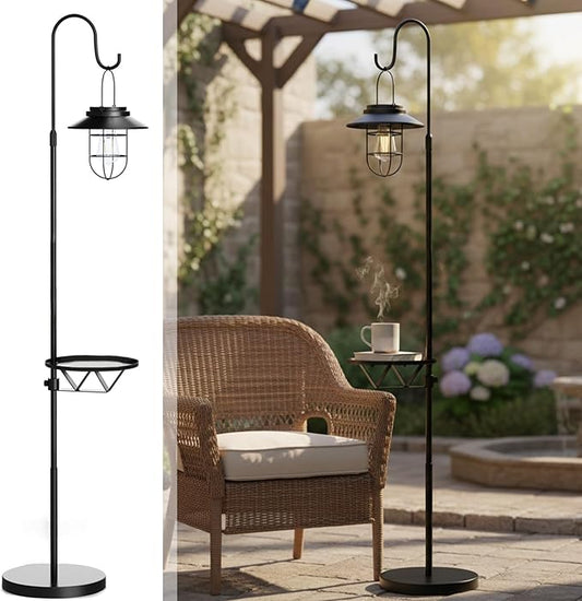 Kirschblüte Solar Floor Lamp with Table, 60" Outdoor Shepherd Hook with Solar Light Waterproof Metal Side Table for Patio, Heavy Duty Solar Pole Light for Garden, Deck, Porch and Backyard Decor