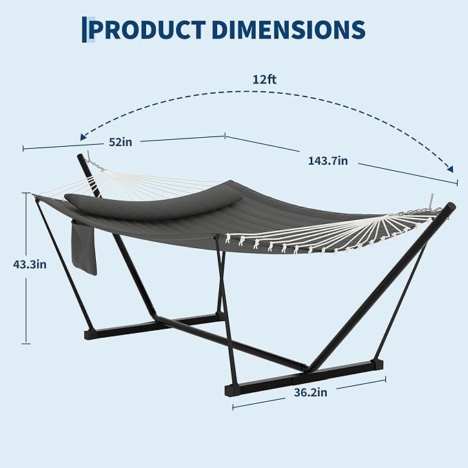 GarveeLife 2 Person Double Hammock with Stand and Pillow - 450 Lbs Capacity Heavy Duty Hammock with Balance Rope, Large Outdoor Hammock for Patio Backyard Poolside