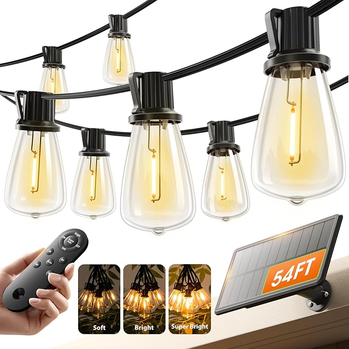 KYY 54FT Solar String Lights Outdoor Waterproof with USB Charging & Remote, Dimmable & Timable, Solar Powered Patio Lights with LED Shatterproof Bulbs for Deck Backyard Porch Garden Camping