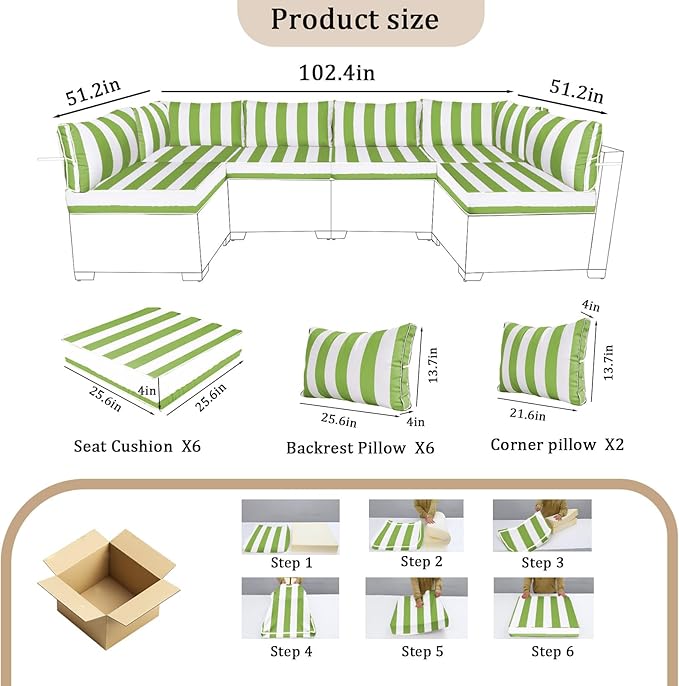 14 Pieces Outdoor Sectional Replacement Cushions for Patio Furniture, 4in Thick Outdoor Sofa Cushions for 6 Seat, Waterproof Deep Seat Couch Patio Cushions Set (Light Green and White)