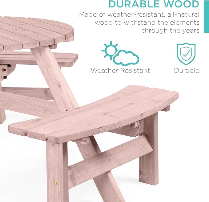 Best Choice Products 6-Person Circular Outdoor Wooden Picnic Table for Patio, Backyard, Garden, DIY w/ 3 Built-in Benches, 500lb Capacity - Rose Quartz