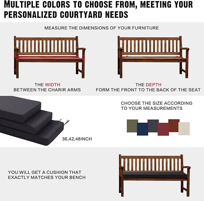 Outdoor Bench Cushion 4 inches Memory Foam Waterproof Patio Furniture Bench Cushion Porch Swing Cushion with Handle and Adjustable Strap, 42 x 18 Inch Dark Gray