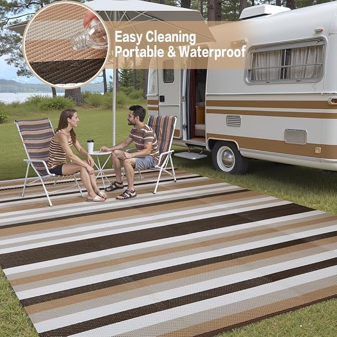 HUGEAR Outdoor Waterproof Rug 8'x10' Plastic Straw Rugs Washable Reversible Floor Mat Brown Stripe Carpet for Camping RV Deck Entryance Porch Picnic Balcony Beach Backyard