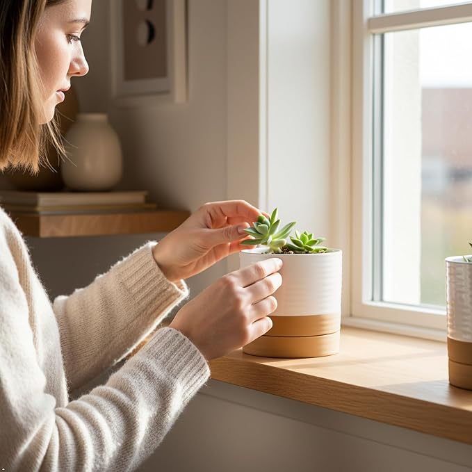 HASENSE 4.6 Inch Plant Pots, Ceramic Flower Pots for Indoor Plants, Small White Planter with Drainage Hole and Saucer, Cute Mini Windowsill Tabletop Decor, Set of 4