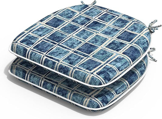 Outdoor Chair Cushions Set of 2, Water Resistant Patio Chair Pads with Ties, Seat Cushions for Home Garden Furniture Decoration, 16"x17", Denim Blue Checkered