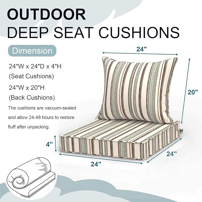 Outdoor Deep Seat Cushion Set, Water Repellent 24"x24" Patio Thick Cushions Replacement with Seat & Back Pillow for Patio Sofa, Wicker Chair, Couch - Stripe Onyx