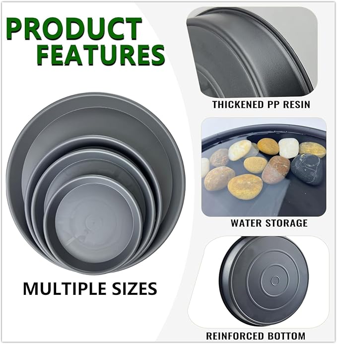 6 Pack 12 Inch Large Gray Plant Saucer Trays, Durable Heavy Duty Plastic PP Planter Bases, Round Water Catcher Plates and Drip Trays for Indoor Outdoor Gardening