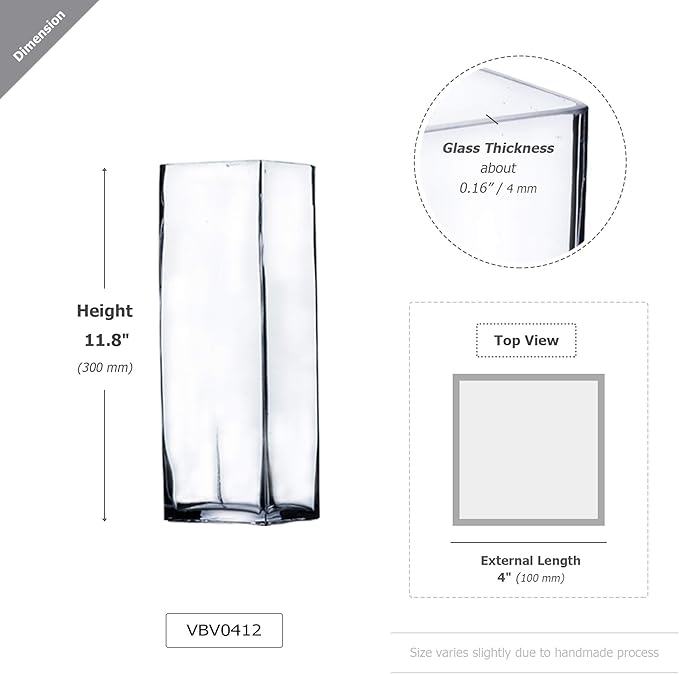 WGV Tall Square Vase Glass Block Bulk, Length 4", Height 12", Clear Bud Floral Container, Candle Holder, Planter Terrarium for Wedding Party Event, Home Office Decor, 12 Pieces