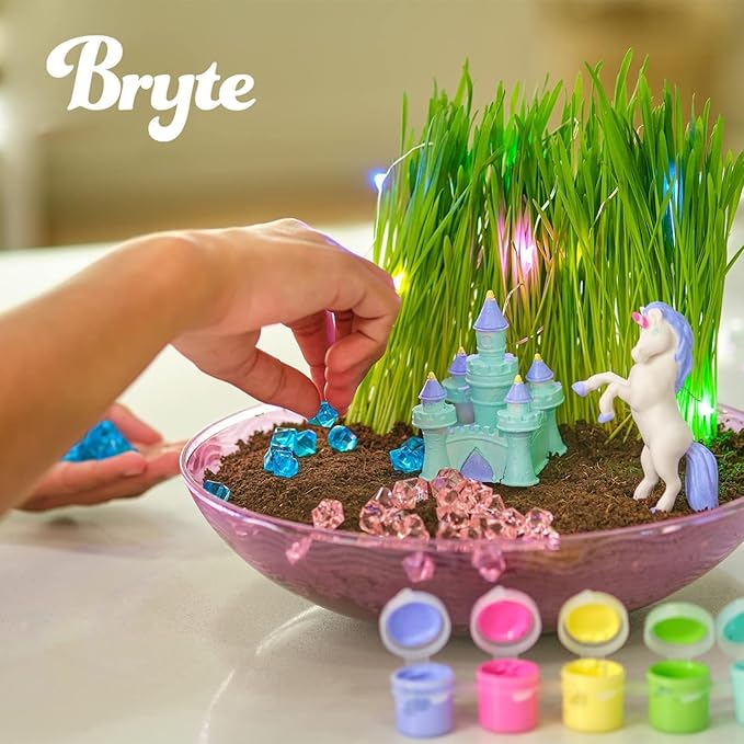 BRYTE Light Up Unicorn Terrarium Kit - Blue & Pink Round Plastic Dome, Ages 4-12 - Fairy Garden Kids Kit with Seeds & Terrarium Rock