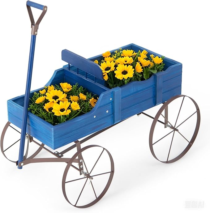 Wooden Wagon Planter with Wheels, Indoor/Outdoor Flower Cart w/Dual-Compartment & Adjustable Handle, Decorative Garden Planter for Home, Yard, Wedding (Blue)
