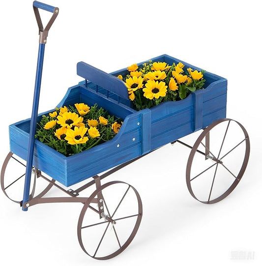 Wooden Wagon Planter with Wheels, Indoor/Outdoor Flower Cart w/Dual-Compartment & Adjustable Handle, Decorative Garden Planter for Home, Yard, Wedding (Blue)