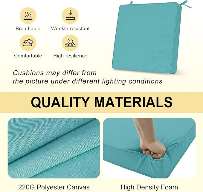 downluxe Waterproof Outdoor Chair Cushions for Patio Furniture, 19" x 19" x 2" Patio Chair Cushion with Adjustable Ties & Portable Handle, Square Outdoor Cushion with Removable Cover, Teal, 2 Pack