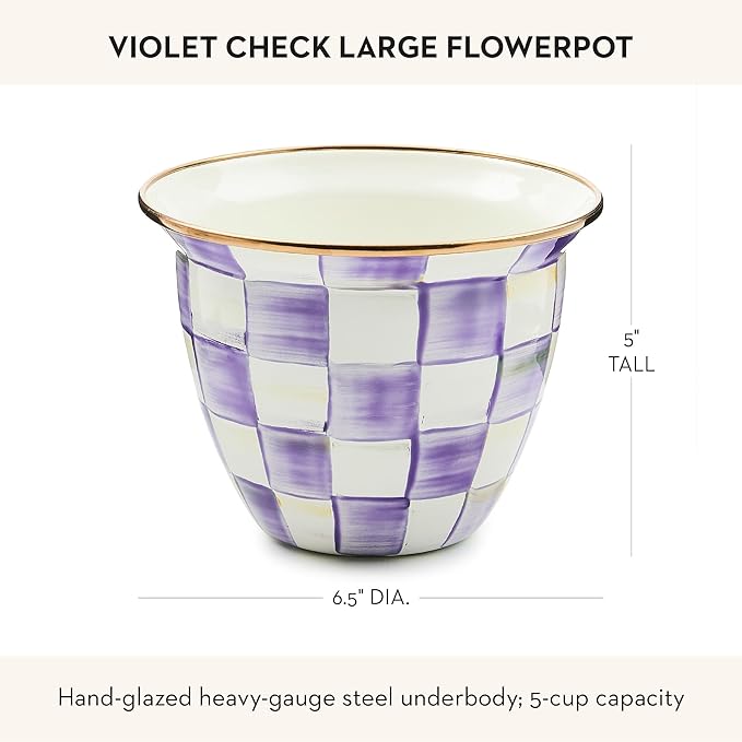 MACKENZIE-CHILDS Flowerpot, Decorative Garden Pot for Growing Plants, Large, Purple-and-White Violet Check