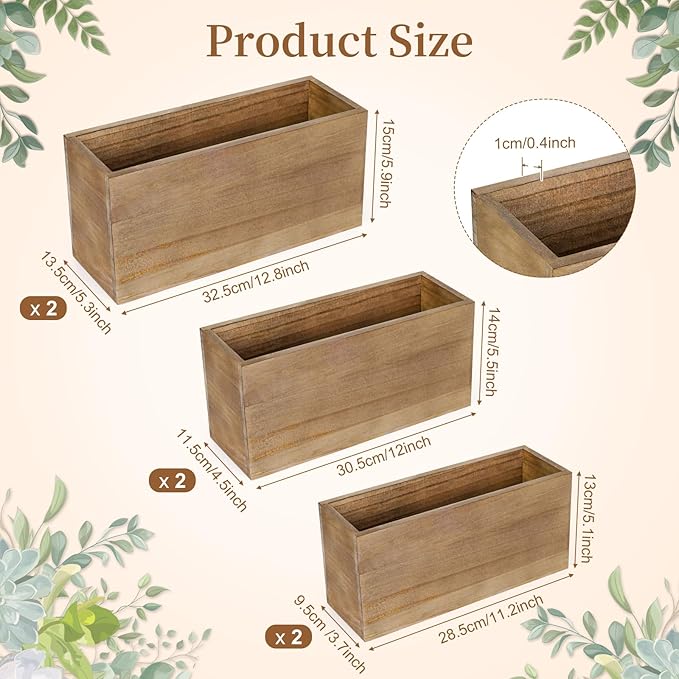 6 Pcs Rustic Wooden Boxes for Storage, Decorative, Display, Arts & Crafts, Rectangle Wooden Crate Wood Planter Box Party Food Risers Wedding Table Centerpiece Home Decor, Brown