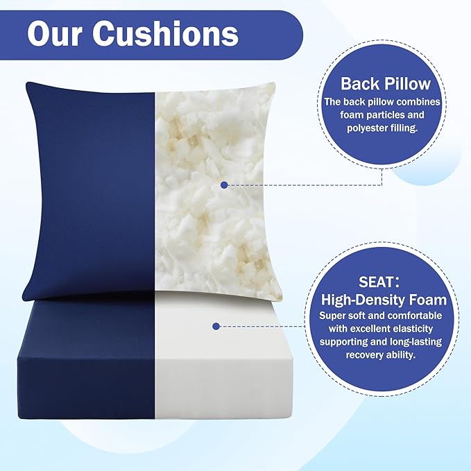 Outdoor Seat Cushion Set, Waterproof & Fade Resistant Patio Chair Cushions, Outdoors Cushion for Patio Furniture, 24 x 24 x 5.75 Inch, Outdoor Couch Cushions with Handle and Ties, Navy Blue