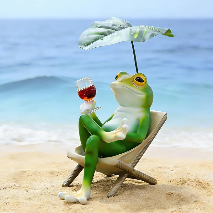 OwMell Frog Statue for Garden, Green Frog Figurine for Outdoor Decor Yard and Garden Decoration Resin Sculpture - Chill with Wine