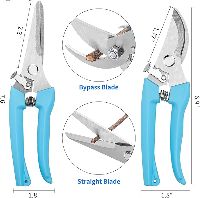 Garden Pruning Shears, 2-Pack Stainless Steel Garden Shears, Flower Scissors for Cutting Flowers, Trim Plants, Bonsai, Fruits, Includes Gloves & Arm Sleeves, Ideal Gardening Gift (Blue)