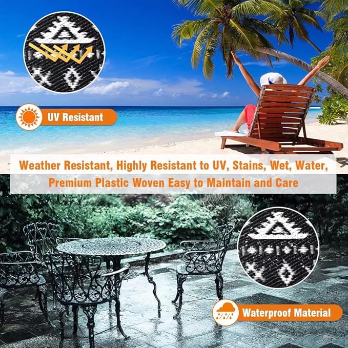 Pendolr Outdoor Rug 9’x12' for Patios Clearance Waterproof Carpet Large RV Mat Outdoor Plastic Straw Rug for Camping Reversible Outside Rug for Patio Balcony Deck Backyard Picnic Beach Black&White 02#